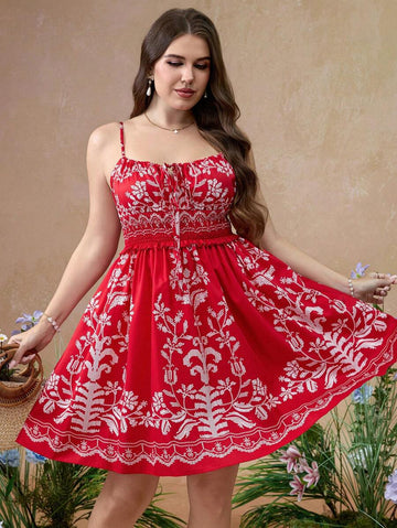 Embrace sunny days with this playful plus size floral mini dress featuring adjustable tie-up spaghetti straps and a flattering A-line silhouette. Light and breezy, it’s perfect for effortless summer style that moves with you. Whether you're strolling the park or heading out for brunch, this dress adds a fun, flirty touch to your warm-weather wardrobe.