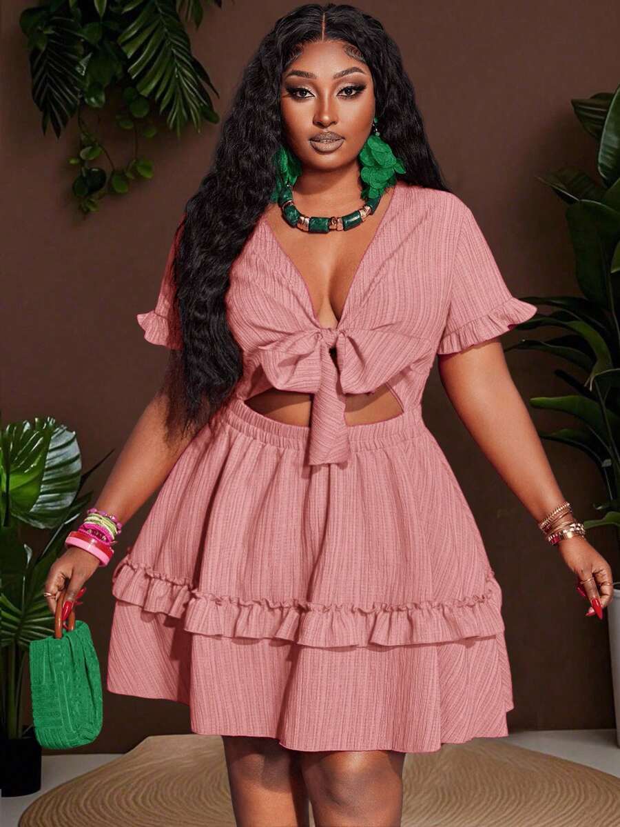 Front view of plus size fuchsia ruffle mini dress - casual & romantic two-piece set for vacations with mini dress silhouette, plus size fit for summer casual wear