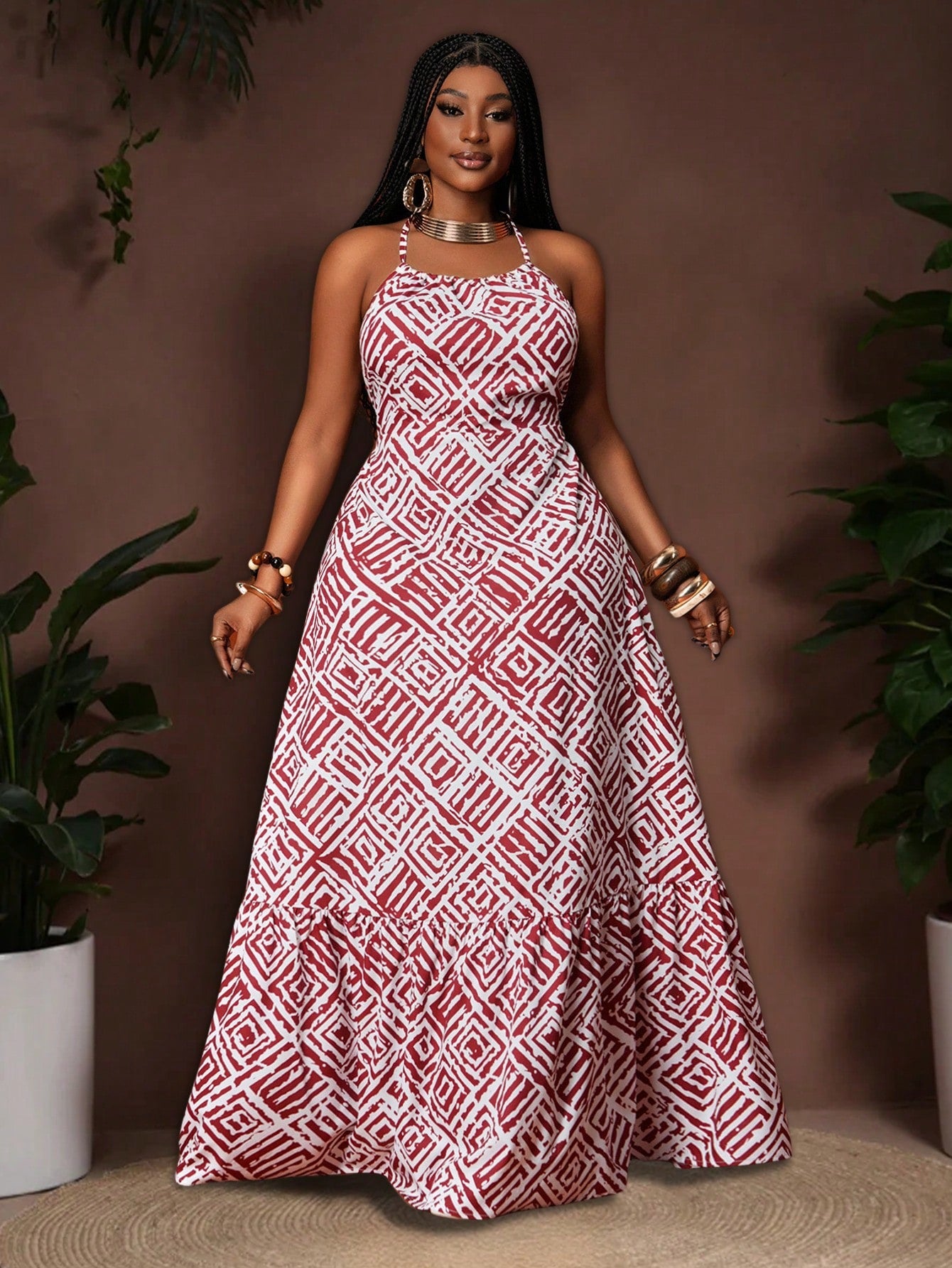 Plus Size Geometric Print Maxi Dress for Women
