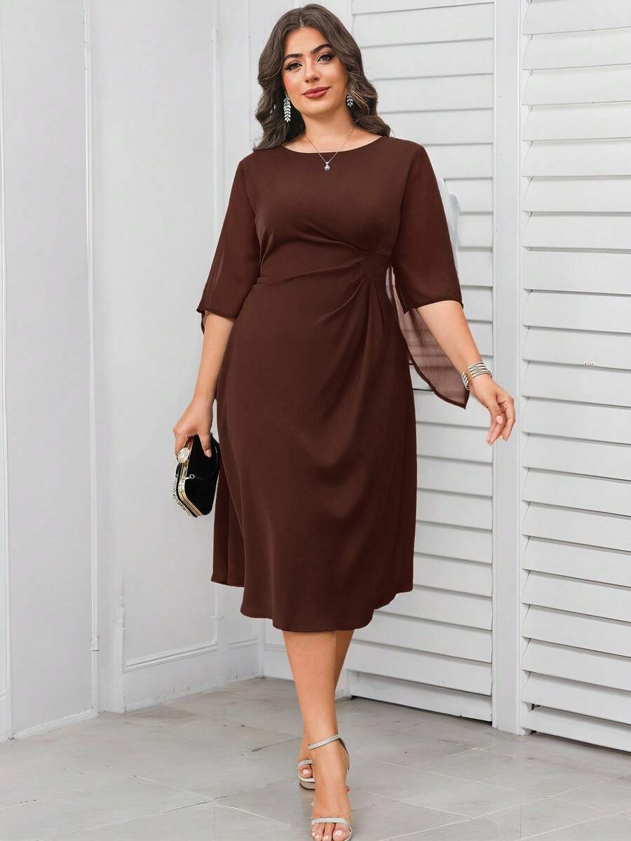 Elevate your evening wardrobe with this stunning plus-size midi dress, designed for sophisticated celebrations. Featuring a classic black glitter mesh with a flattering round neckline and elegant flare sleeves, this dress combines timeless style with modern flair. The high-waisted silhouette and pleated details create a refined A-line shape that flatters all figures. Perfect for weddings, formal events, and autumn-winter gatherings, this semi-sheer woven polyester piece offers understated glamour. The three
