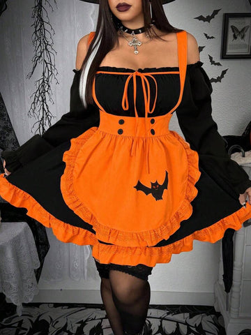Front view of black and orange bat-print Halloween maid costume in a gothic room