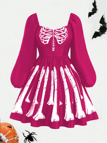 Get ready to turn heads with this Plus Size Halloween Skeleton Print A-Line Dress! With its spooky skeleton print and playful lantern sleeves, this dress is sure to add some fun to your Halloween style. Perfect for all sizes and guaranteed to make a statement. (Boo!) 🎃👻