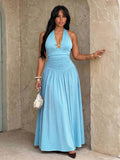 plus size halter maxi dress with deep V neckline, back neck tie bow, open shoulders, ruched waist panel, gold starfish charm, gathered A-line maxi skirt and solid or printed vacation colorways image 1
