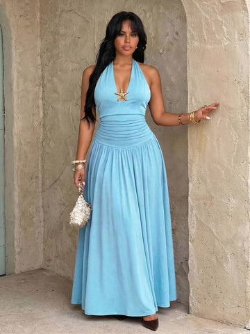 plus size halter maxi dress with deep V neckline, back neck tie bow, open shoulders, ruched waist panel, gold starfish charm, gathered A-line maxi skirt and solid or printed vacation colorways image 1