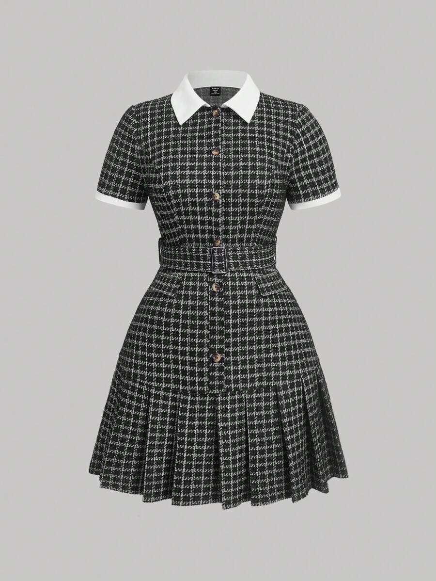Front view of black check polo collar belted pleated shirt dress
