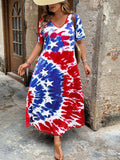 Celebrate freedom in style with this playful plus size dress featuring a bold Independence Day flag print. The deep V-neck and short sleeves keep it breezy and fun, perfect for fireworks, barbecues, or any holiday festivity. Designed to flatter and move with you, it’s your go-to for showing off patriotic spirit with confidence and comfort.