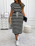 Cozy up in style with this playful plus size knitted striped dress, perfect for autumn and winter days. The drawstring waist hugs your curves while adding a fun, adjustable fit, and the side slit gives a cheeky peek for effortless flair. Whether you're lounging or out on the town, this maxi dress blends comfort and casual chic with a dash of boldness.
