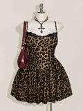 Front view of brown leopard-print mini cami dress with black lace neckline and flared skirt