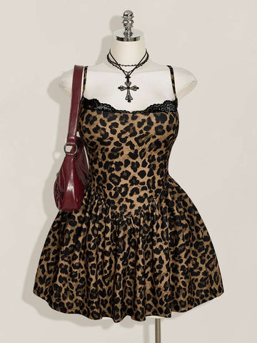 Front view of brown leopard-print mini cami dress with black lace neckline and flared skirt