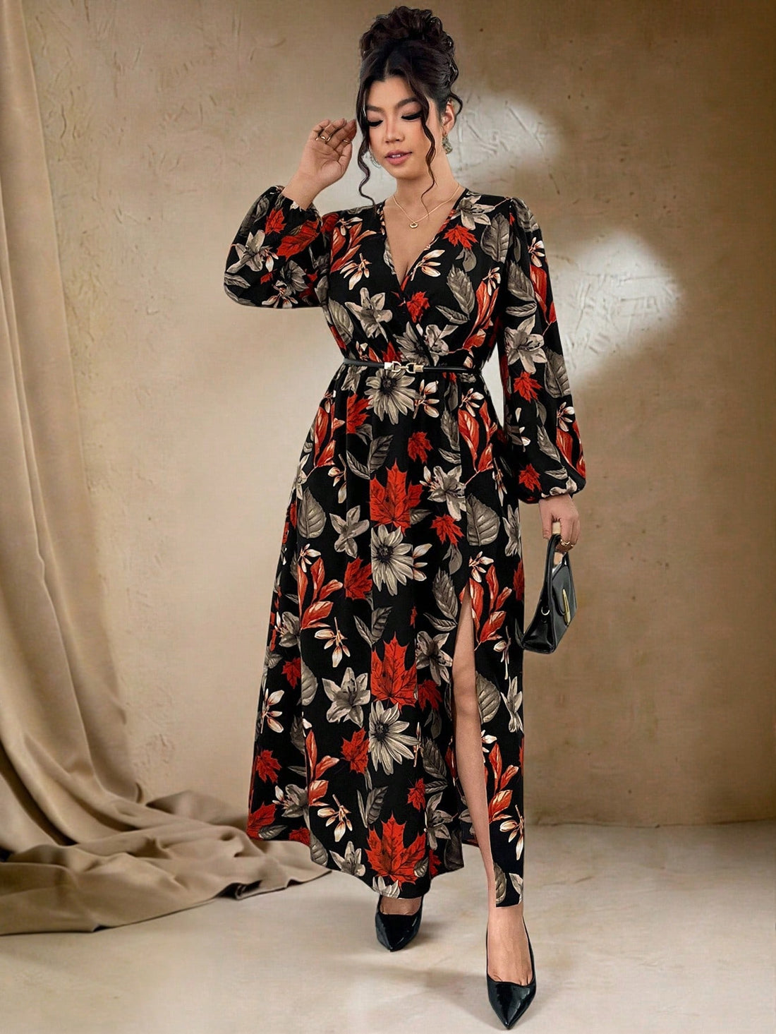 Elevate your wardrobe with this stunning plus-size dress that's ready for any occasion! The charming maple leaf print adds a touch of nature-inspired elegance, while the flattering A-line silhouette celebrates your curves beautifully. The V-neckline draws the eye upward with sophistication, and those dreamy lantern sleeves bring playful movement and dimension. Whether you're heading to a special date, gathering with friends, or stepping out for an evening event, this dress delivers comfort and style in one 