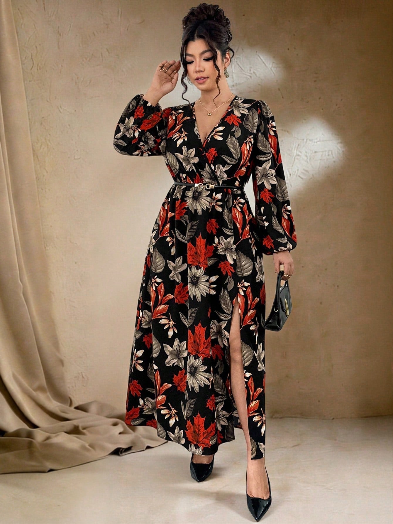 Elevate your wardrobe with this stunning plus-size dress that's ready for any occasion! The charming maple leaf print adds a touch of nature-inspired elegance, while the flattering A-line silhouette celebrates your curves beautifully. The V-neckline draws the eye upward with sophistication, and those dreamy lantern sleeves bring playful movement and dimension. Whether you're heading to a special date, gathering with friends, or stepping out for an evening event, this dress delivers comfort and style in one 