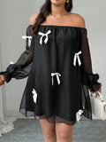Turn heads this season in a dress designed to make you feel fabulous! This plus-size beauty features a flirty off-shoulder neckline with an adorable bow tie accent that brings instant charm to any outfit. The breathable mesh construction keeps you cool and comfortable, while the A-line cut flatters your figure beautifully. Whether you're heading to brunch, a romantic date night, or jetting off on vacation, this versatile piece handles it all with playful sophistication. From casual commutes to special occas