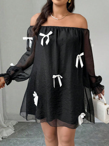 Turn heads this season in a dress designed to make you feel fabulous! This plus-size beauty features a flirty off-shoulder neckline with an adorable bow tie accent that brings instant charm to any outfit. The breathable mesh construction keeps you cool and comfortable, while the A-line cut flatters your figure beautifully. Whether you're heading to brunch, a romantic date night, or jetting off on vacation, this versatile piece handles it all with playful sophistication. From casual commutes to special occas