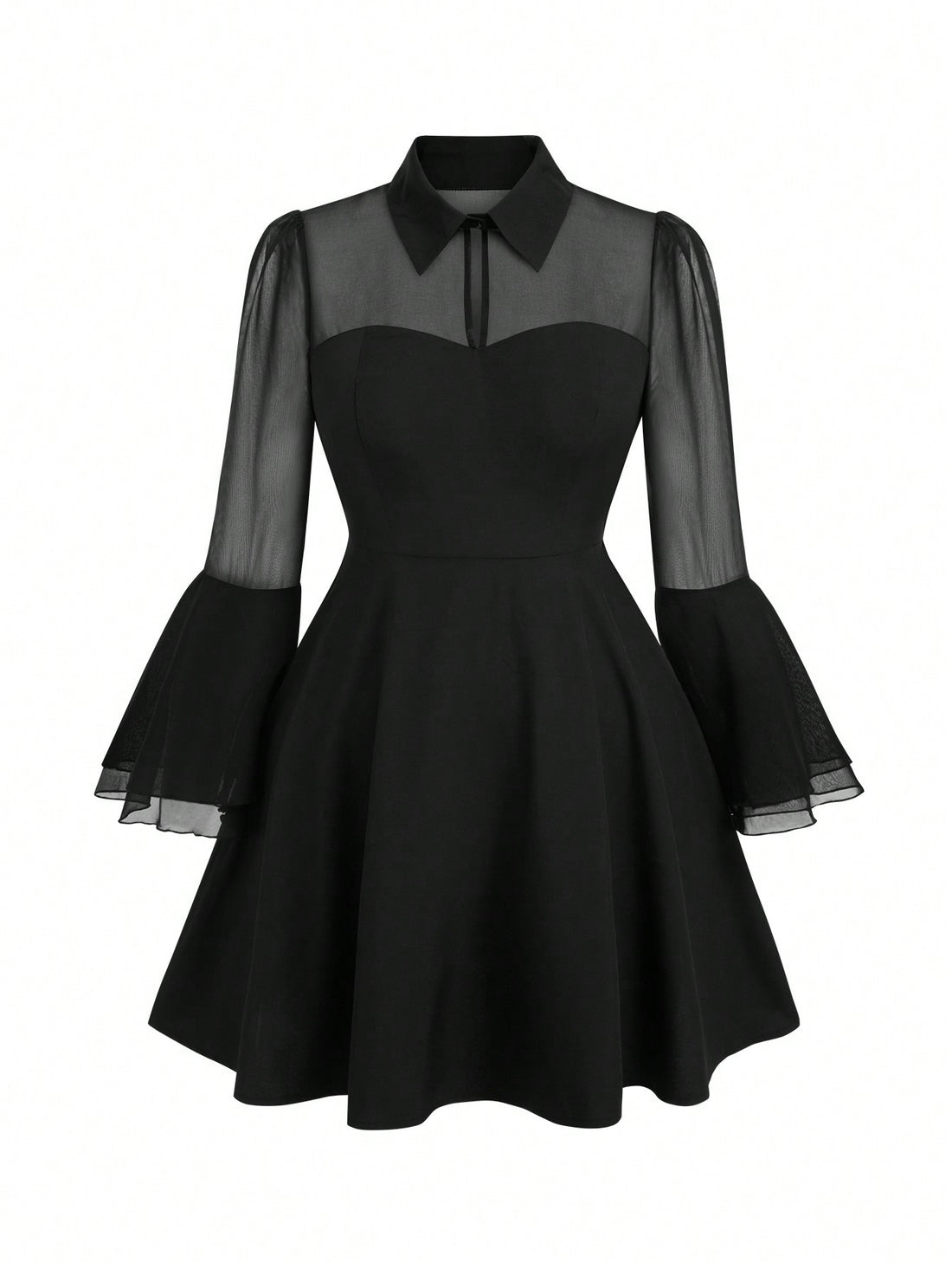 Unleash your inner goth with our chic Plus Size Mesh Flare Sleeve Long Sleeve Dress. The mesh flare sleeves add a touch of edge to this stylish dress, perfect for any occasion. Embrace your unique style with this must-have dress for plus size women.