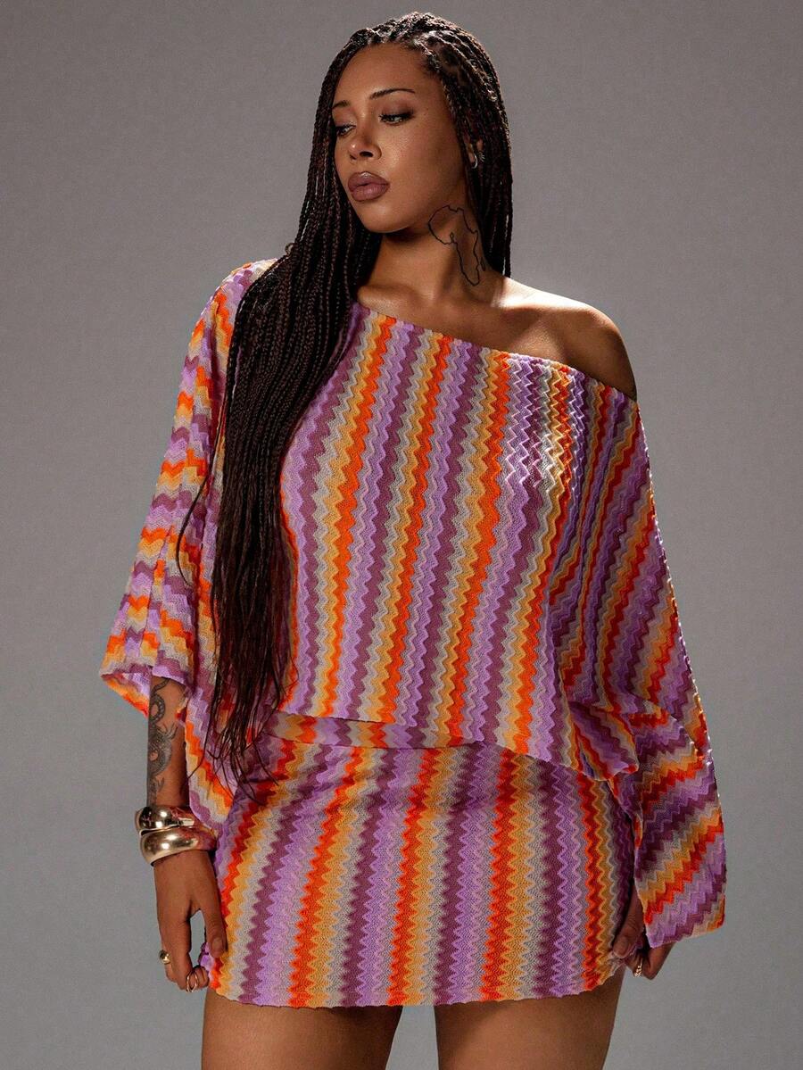 plus size two-piece skirt set with multicolor purple orange beige chevron stripes, asymmetrical one-shoulder draped batwing top, exposed shoulder, textured knit look and matching high waist fitted mini skirt image 1