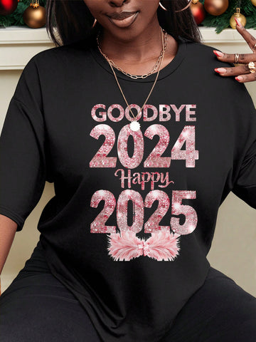 Celebrate the new year in style with our Plus Size New Year Letter Graphic T-Shirt! Made for comfort and versatility, this top is perfect for autumn and winter. The eye-catching letter graphic adds a festive touch to any outfit. Upgrade your wardrobe today and ring in the new year with confidence!