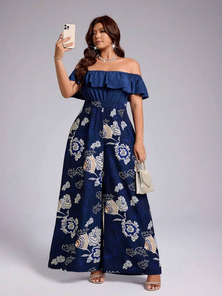Shop a plus size gold lace jumpsuit with an off-shoulder neckline and cinched waist. Perfect for weddings, parties, banquets, dinners, and formal events.