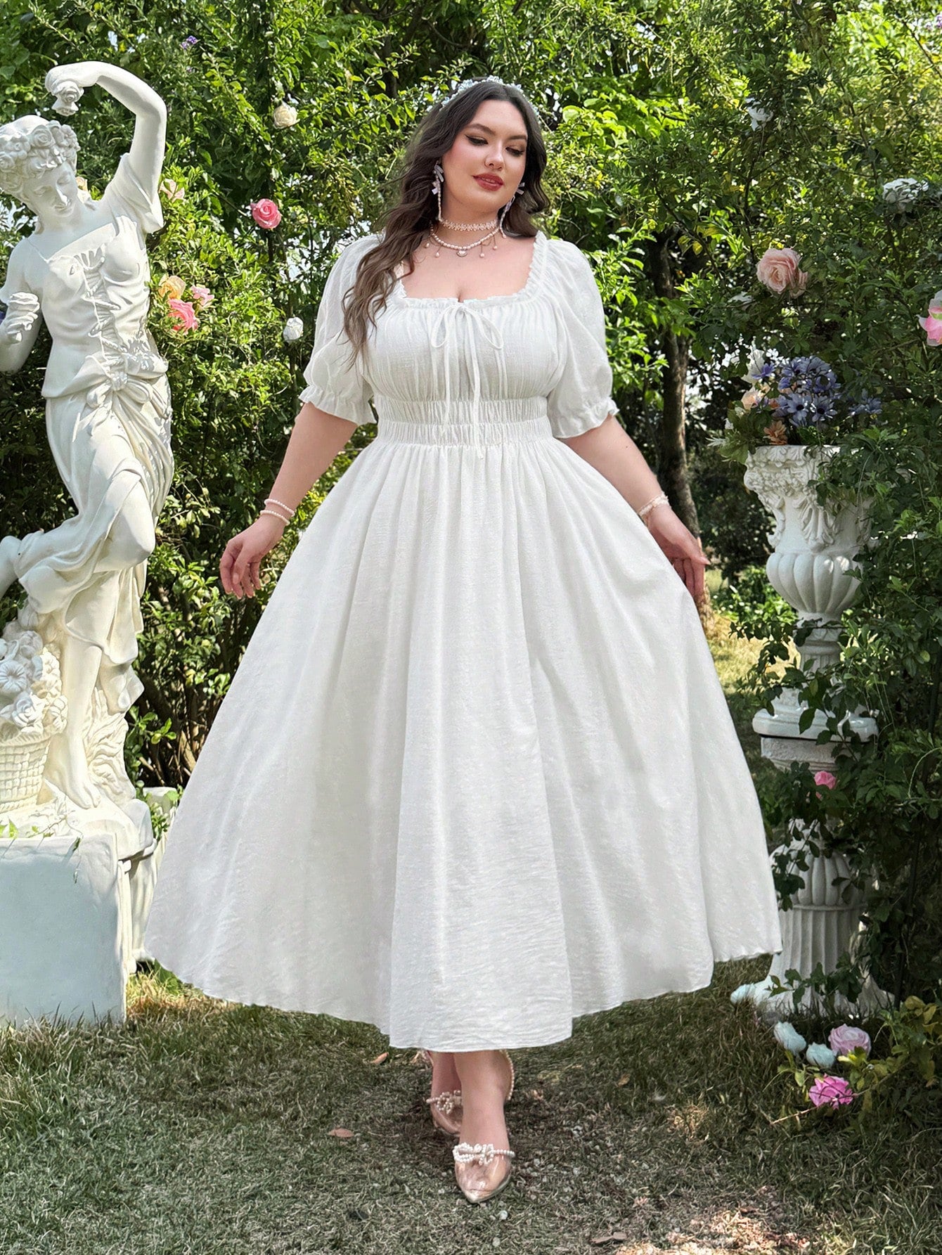 off the shoulder summer dress plus size Off-Shoulder Puff Sleeve White Cotton for Vacat – Canary Houze Color:Vintage Mauve size features are halter gown Blue Polka Dot Maxi