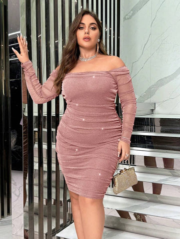 Slip into the spotlight with this show-stopping plus-size bodycon dress that's pure magic. The off-shoulder neckline frames your face beautifully while the ruched detailing flatters your curves in all the right ways. Covered in shimmering glitter, this dress catches every light and every eye—perfect for nights when you want to feel absolutely fabulous. Whether you're hitting the dance floor or turning heads at a special event, this glamorous piece delivers confidence and style in one stunning package.