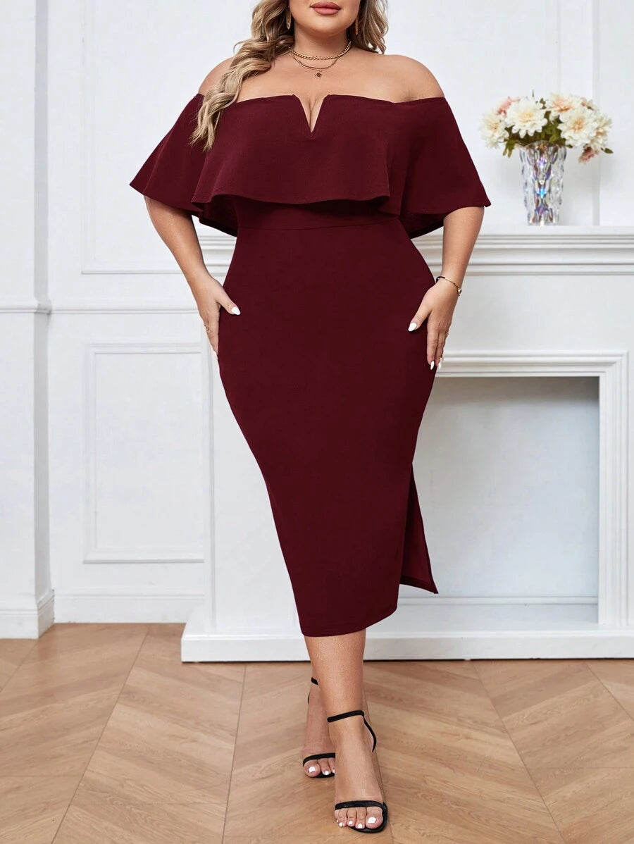 Make a statement in this stunning plus-size dress that's all about confidence and flair! The off-shoulder neckline frames your shoulders beautifully, while delicate ruffle trim adds a touch of romance. A daring split thigh keeps things fun and flirty, perfect for weddings, parties, or any occasion where you want to turn heads. Designed for curves and crafted for comfort, this dress celebrates your style with elegance and personality. Slip it on and own the room!