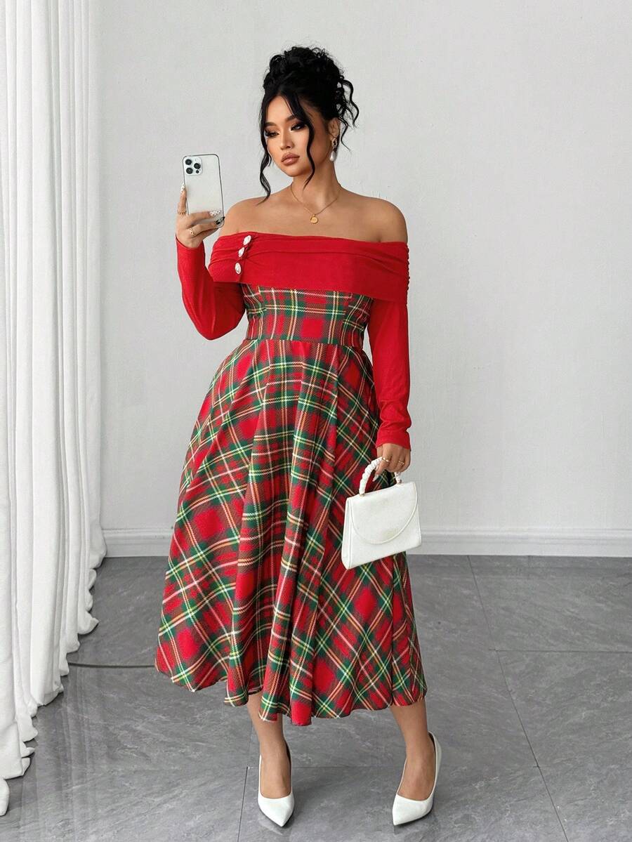 Full front view of red tartan off-shoulder plus-size midi dress for holiday styling