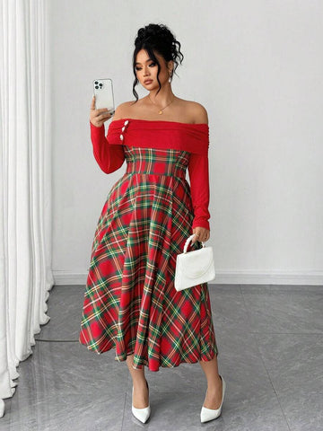 Full front view of red tartan off-shoulder plus-size midi dress for holiday styling