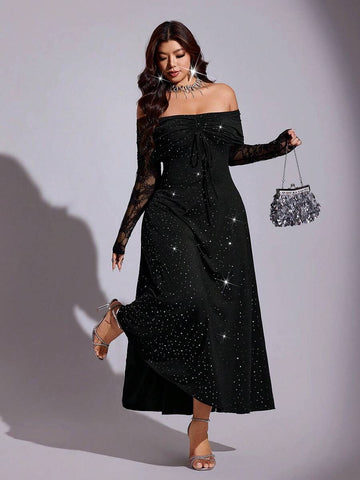 Shop a plus size off-shoulder ruffle maxi dress with lace trim, sequins, and beads. Perfect for weddings, parties, galas, dinners, and special occasions.