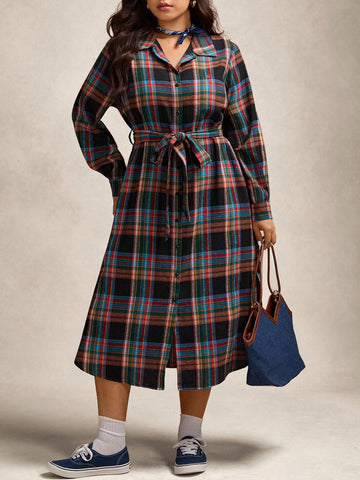 Step out in style and comfort with this Plus Size Plaid Button-Up Dress. Featuring a playful tie-waist that highlights your curves, its long sleeves and classic button-up design make it the perfect go-to for casual outings. Lightweight and easy to wear, this versatile dress brings a fun twist to plaid, ensuring you look effortlessly chic all day long.