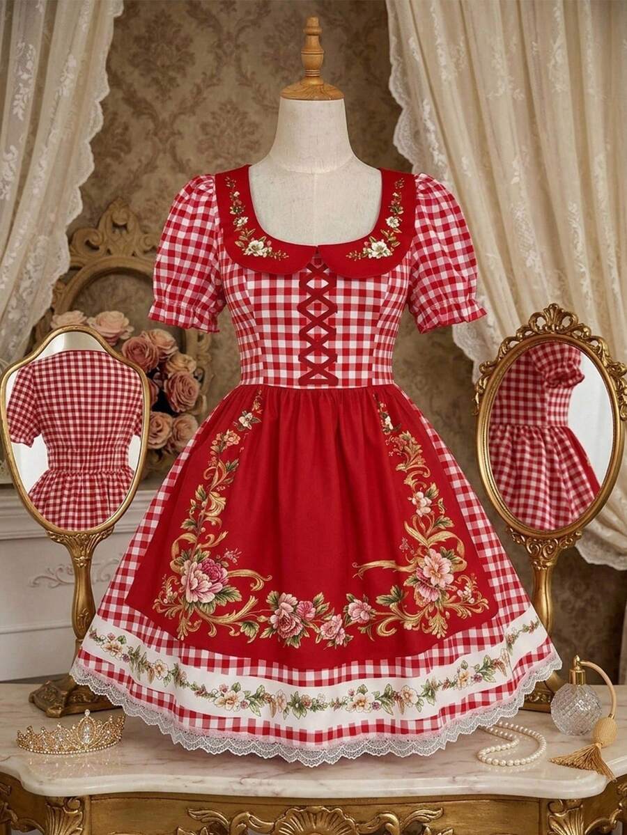 Front view of red gingham floral A-line dress with puff sleeves and lace-trimmed hem