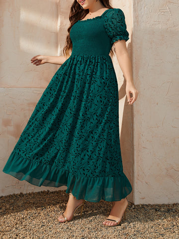 Embrace winter elegance with a playful twist! This plus size maxi dress features a charming plant print, whimsical puff sleeves, and a flirty ruffle hem that dances with every step. Perfect for making a statement at holiday gatherings or adding a pop of personality to your winter wardrobe. Cozy yet chic, it's your new go-to for looking fabulous while staying comfortable all season long.