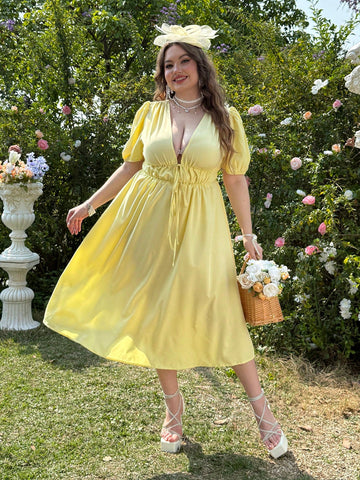 Get ready to turn heads this summer with our Plus Size Plunging Neck Knot Front Yellow Dress! With its stylish design and flattering fit, this dress is the perfect addition to your summer wardrobe. You'll love the playful, quirky vibe it brings to your look. Don't miss out on this must-have piece for a fun and stylish summer!