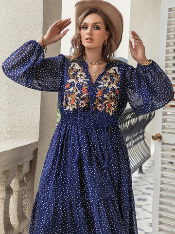 Dive into festival season with confidence in this charming plus-size dress! Featuring a flattering V-neckline and whimsical polka dot pattern, the delicate embroidered details add a touch of elegance to your beach getaway. The relaxed fit ensures all-day comfort whether you're lounging by the shore or dancing under the stars. Perfect for creating unforgettable holiday memories with style that celebrates your curves.