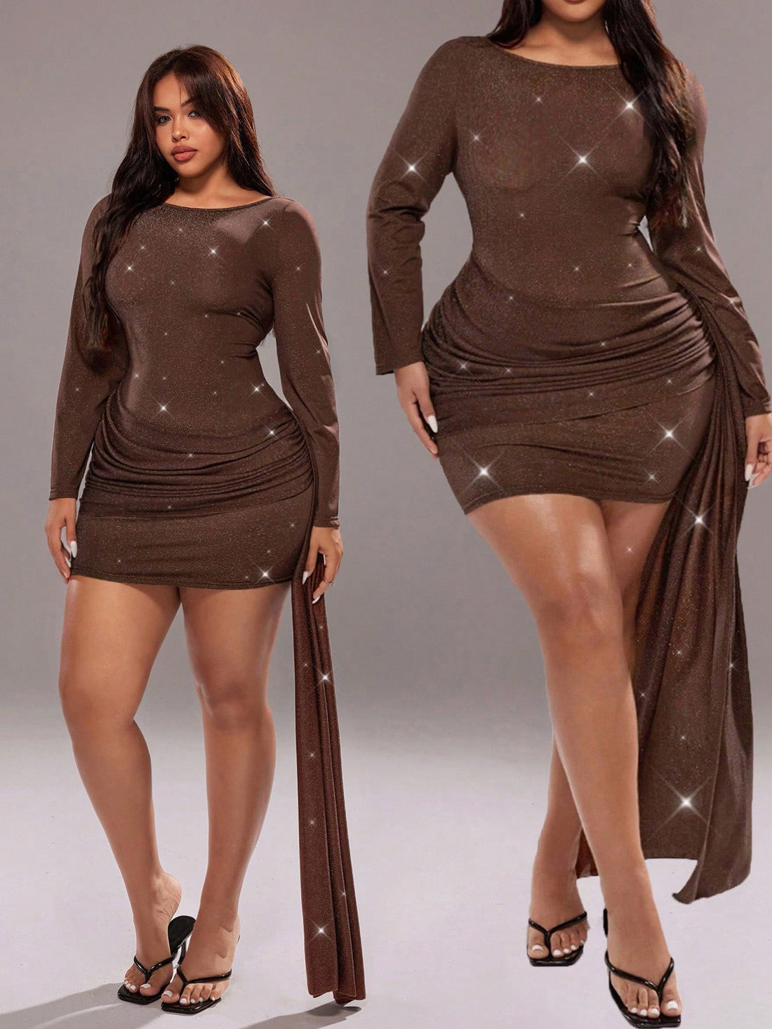 Elevate your wardrobe with this stunning plus-size midi dress that's perfect for any occasion! Crafted from soft polyester, this elegant piece features a flattering round neckline, ruched detailing, and a chic tie waist that cinches beautifully. The long sleeves and midi length make it ideal for autumn and winter wear, while the solid color keeps styling effortless. Whether you're heading to a party or a casual gathering, this fashionable dress combines comfort with sophistication. Dress it up with heels or