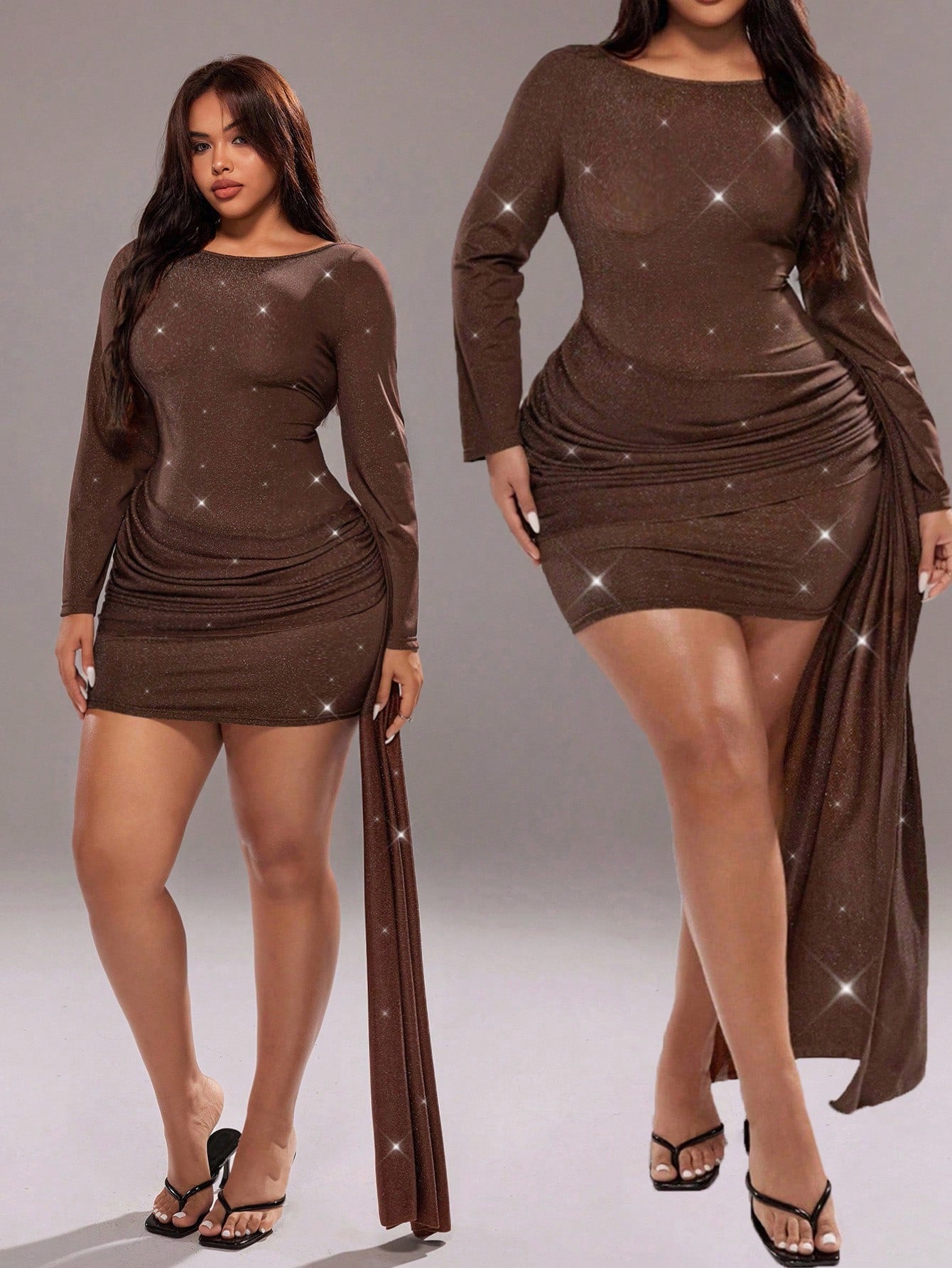 Elevate your wardrobe with this stunning plus-size midi dress that's perfect for any occasion! Crafted from soft polyester, this elegant piece features a flattering round neckline, ruched detailing, and a chic tie waist that cinches beautifully. The long sleeves and midi length make it ideal for autumn and winter wear, while the solid color keeps styling effortless. Whether you're heading to a party or a casual gathering, this fashionable dress combines comfort with sophistication. Dress it up with heels or