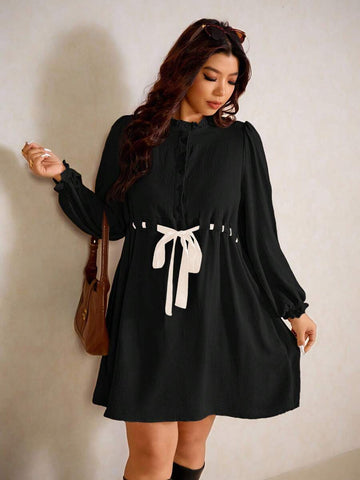 Embrace cozy comfort with this plus-size puff sleeve dress that's ready to steal the show! The voluminous sleeves add a touch of whimsy while the adjustable drawstring waist lets you customize your fit for the perfect silhouette. Crafted for those chilly months, this casual piece transitions effortlessly from weekend errands to coffee dates. Layer it with your favorite boots and jacket for an effortlessly chic look that celebrates your curves. Because fashion should be fun, flattering, and unapologetically 