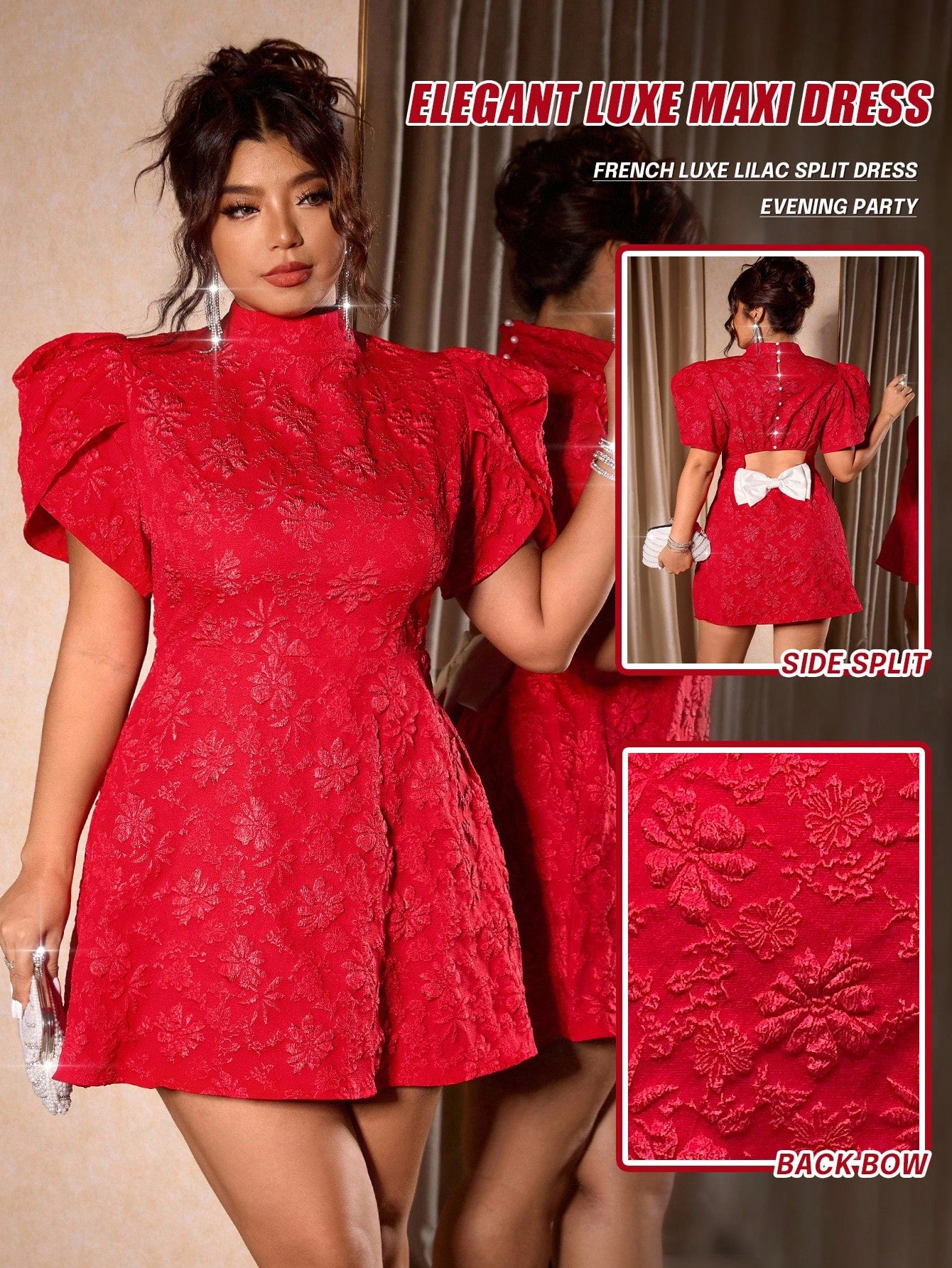 Make a statement this holiday season in this stunning plus-size red jacquard dress! Featuring an intricate floral pattern and elegant backless design, it's the perfect blend of sophistication and sass. The charming bow detail adds that extra touch of festive flair, while the flattering silhouette celebrates your curves with confidence. Whether you're hitting a Christmas party or ringing in the New Year, this dress delivers show-stopping style that'll have everyone asking where you got it!
