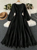 Step into cozy elegance with this Plus Size Romantic V-Neck Lace Long Sleeve Maxi Dress, perfect for your fall wardrobe. Its delicate lace and flattering V-neck dance together to highlight your curves while long sleeves keep you comfortably warm. Whether it’s a pumpkin patch stroll or a crisp evening out, this maxi dress blends charm and comfort for a look that’s as sweet as apple cider.