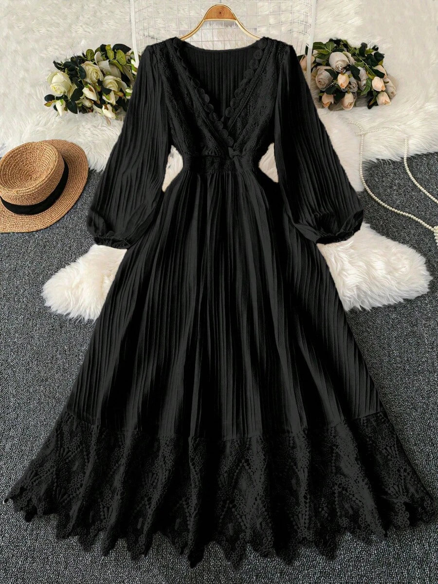 Step into cozy elegance with this Plus Size Romantic V-Neck Lace Long Sleeve Maxi Dress, perfect for your fall wardrobe. Its delicate lace and flattering V-neck dance together to highlight your curves while long sleeves keep you comfortably warm. Whether it’s a pumpkin patch stroll or a crisp evening out, this maxi dress blends charm and comfort for a look that’s as sweet as apple cider.
