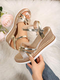 Step into summer fun with these Plus Size Rose Gold Criss-Cross Glitter Strap Wedge Sandals! Their sparkling straps add a touch of glam, while the comfortable wedge heel keeps you ready for beach adventures or sunny strolls. Perfect for adding a playful shine to any outfit, these slides combine style and comfort effortlessly.