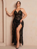 Turn heads effortlessly in this Plus Size Sexy Flocked Mesh Maxi Dress. Featuring a daring high slit, halter neckline, and backless design, it combines bold style with breathable mesh fabric for comfort. Perfect for nights when you want to feel confident, flirty, and fabulous.