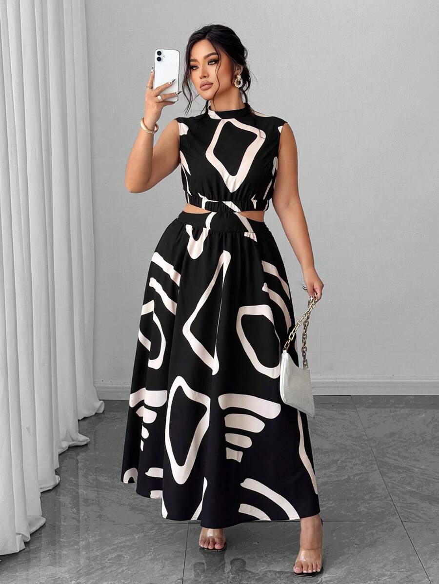 Black and white abstract print plus size crop top and maxi skirt set
