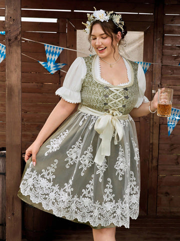 Celebrate in style with this Plus Size Sleeveless Flare Dress featuring a charming contrast lace waist that adds a flirty touch to your silhouette. Perfectly twirl-worthy for Oktoberfest or charming enough for weddings, this dress combines comfort and flair for all your festive moments. Embrace the fun with a flattering flare that moves with you!