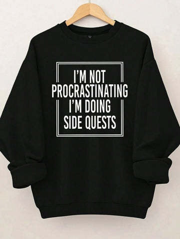 Embrace your playful side with this Plus Size Crew Neck Sweatshirt featuring the cheeky slogan, "I'M NOT PROCRASTINATING I'M DOING SIDE QUESTS." Designed for comfort and style, its long sleeves and relaxed fit make it perfect for cozy days or casual outings. Show off your fun personality while staying warm and comfy all day long.