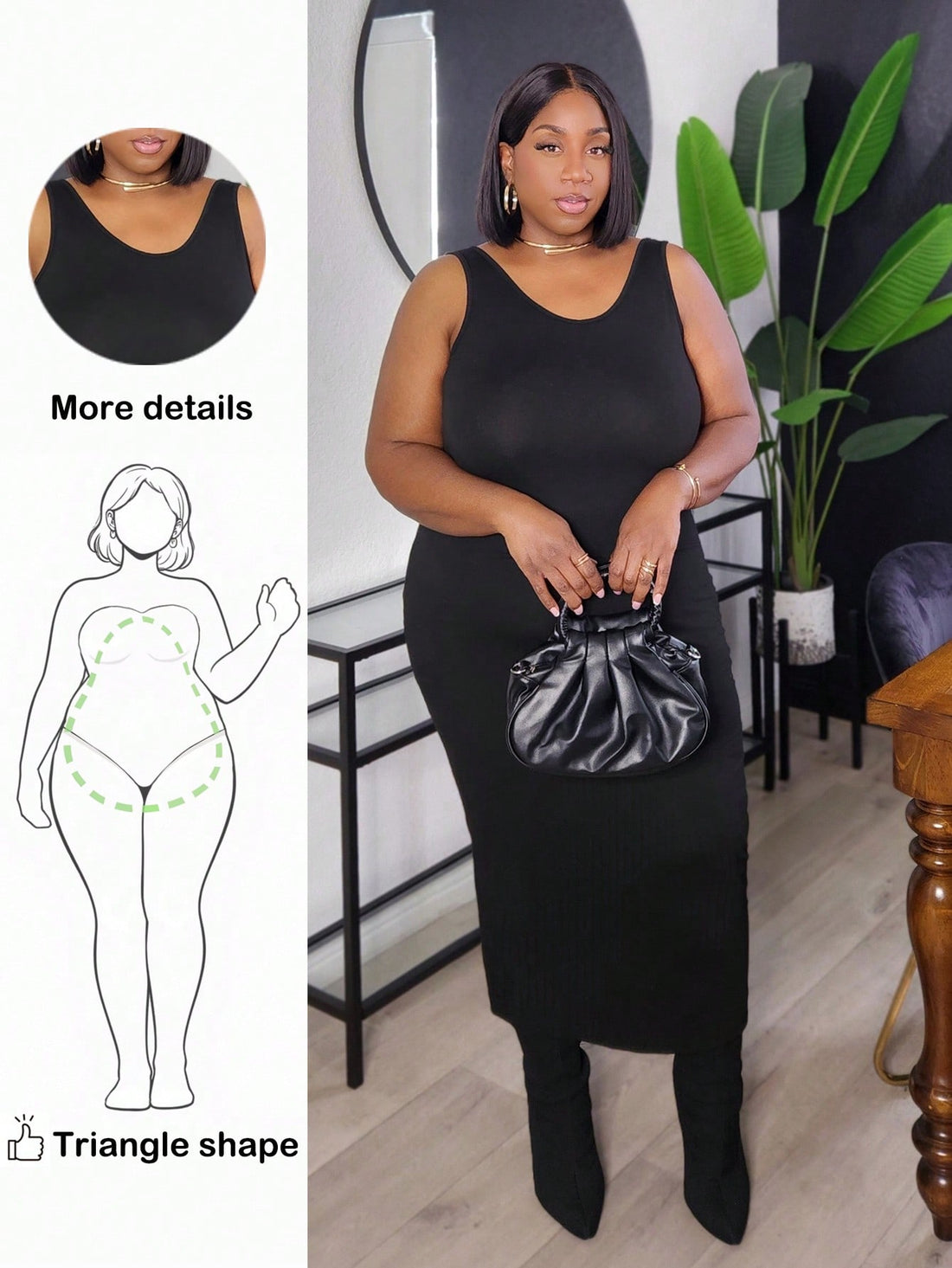 Flaunt your curves with confidence in this fabulous plus-size bodycon dress, expertly designed to celebrate pear-shaped figures. The sleek, solid silhouette hugs you in all the right places while providing the support and comfort you deserve. Whether you're heading out for casual coffee or a romantic dinner, this versatile stunner transitions seamlessly from day to night. Feel amazing, look stunning, and own every room you walk into!