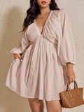 Enjoy effortless style with this plus size solid color dress featuring a flattering deep V-neck and cozy long sleeves. With handy pockets to keep your essentials close, it’s perfect for casual outings or dress-up occasions. Flowy and comfortable, this sundress moves with you while making a chic statement wherever you go!