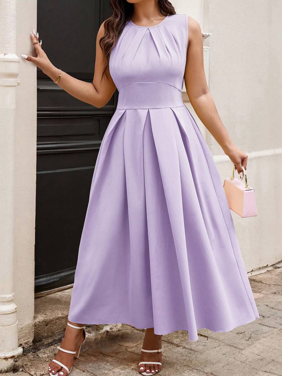 Step into summer with this playful plus size maxi dress designed for effortless style and comfort. Featuring a flattering round neckline and delicate pleats, it adds a breezy, feminine touch to your look. Its solid color makes it easy to mix and match, perfect for sunny days and warm evenings alike. Whether you're out for a casual stroll or a fun gathering, this dress keeps you light, comfortable, and fabulously chic.