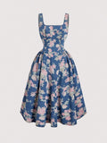 Front view of blue floral plus size denim midi dress with square neckline