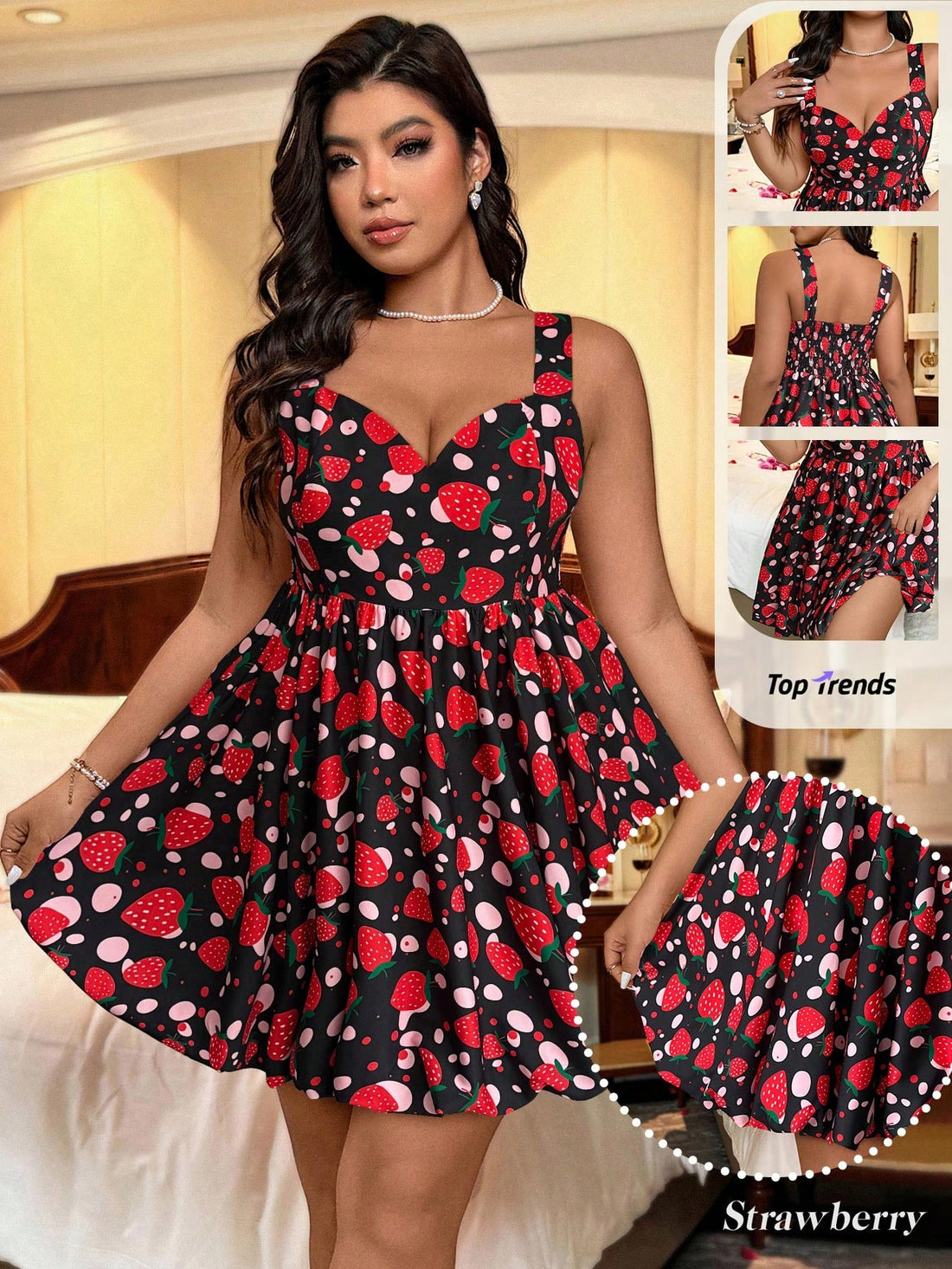 Celebrate sunny days and sweet moments with this plus size strawberry print slip dress. Its casual, breezy design keeps you cool and comfortable, while the playful strawberry pattern adds a touch of fun perfect for summer outings or Valentine’s Day celebrations. Easy to wear and flattering, it’s your go-to dress for effortless charm and cheerful style.