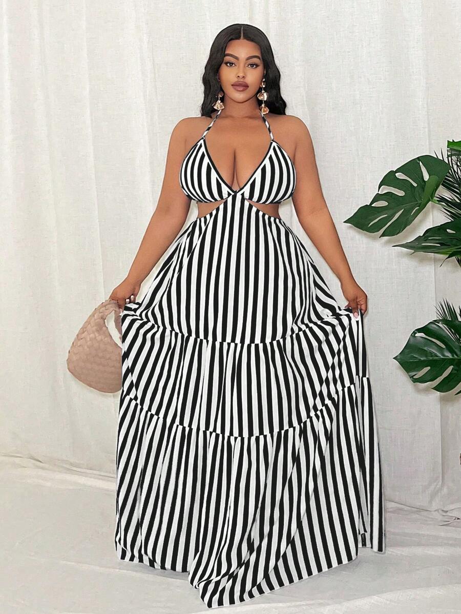 Turn heads in this bold plus-size maxi dress that celebrates confidence and curves. The striking striped pattern pairs perfectly with the daring backless halter design, while the hollow waist cutout adds an unexpected touch of allure. Flowy fabric drapes beautifully to the floor, creating an effortlessly chic silhouette that works for nights out or special occasions. Comfortable, flattering, and unapologetically sexy—this dress is your new go-to statement piece.