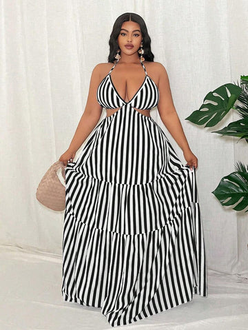 Turn heads in this bold plus-size maxi dress that celebrates confidence and curves. The striking striped pattern pairs perfectly with the daring backless halter design, while the hollow waist cutout adds an unexpected touch of allure. Flowy fabric drapes beautifully to the floor, creating an effortlessly chic silhouette that works for nights out or special occasions. Comfortable, flattering, and unapologetically sexy—this dress is your new go-to statement piece.